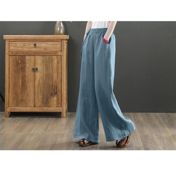 Les Umes Pants - Blue Linen Blend Wide Leg Pants